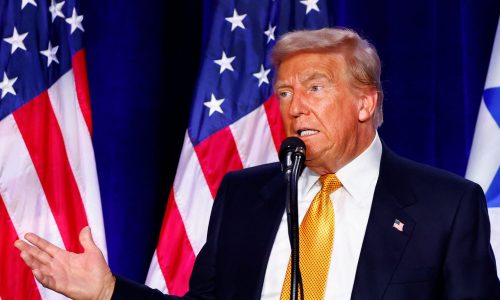Republican presidential nominee and former U.S. President Donald Trump speaks during a "Fighting Anti-Semitism in America Event" with Dr. Miriam Adelson and Jewish leaders in Washington, U.S., September 19, 2024. REUTERS/Piroschka van de Wouw